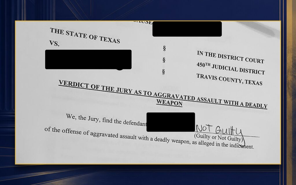 Jury verdict form: not guilty of aggravated assault, client represented by CMK Defense, PLLC