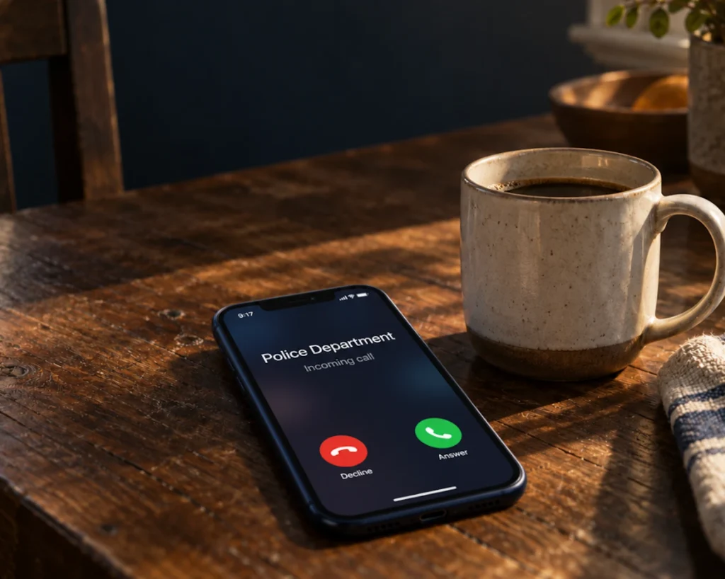 Phone on a kitchen table showing an incoming call from the police department