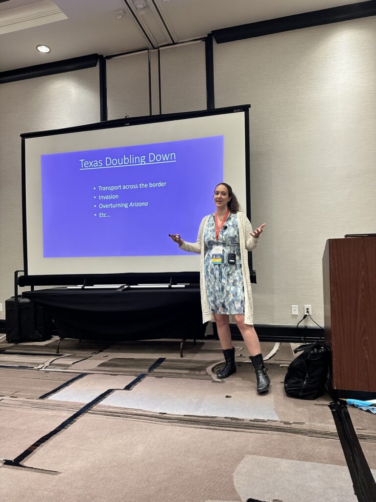 Angelica Cogliano presenting a slide titled "Texas Doubling Down" on Texas immigration enforcement laws