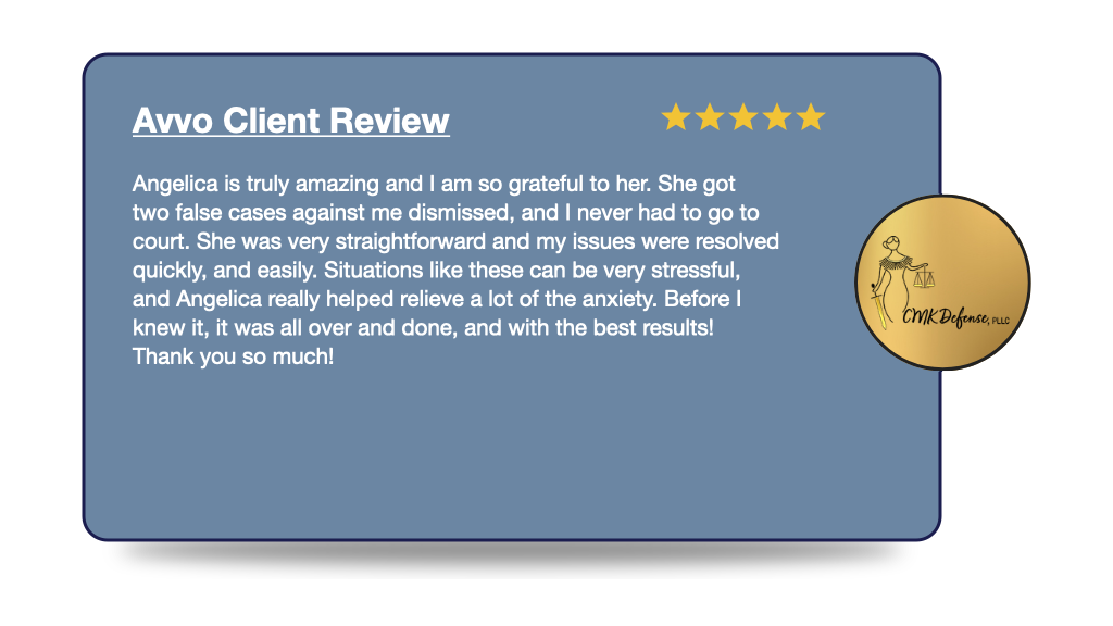 Five-star Avvo client review of Angelica Cogliano: "She got two false cases against me dismissed, and I never had to go to court."