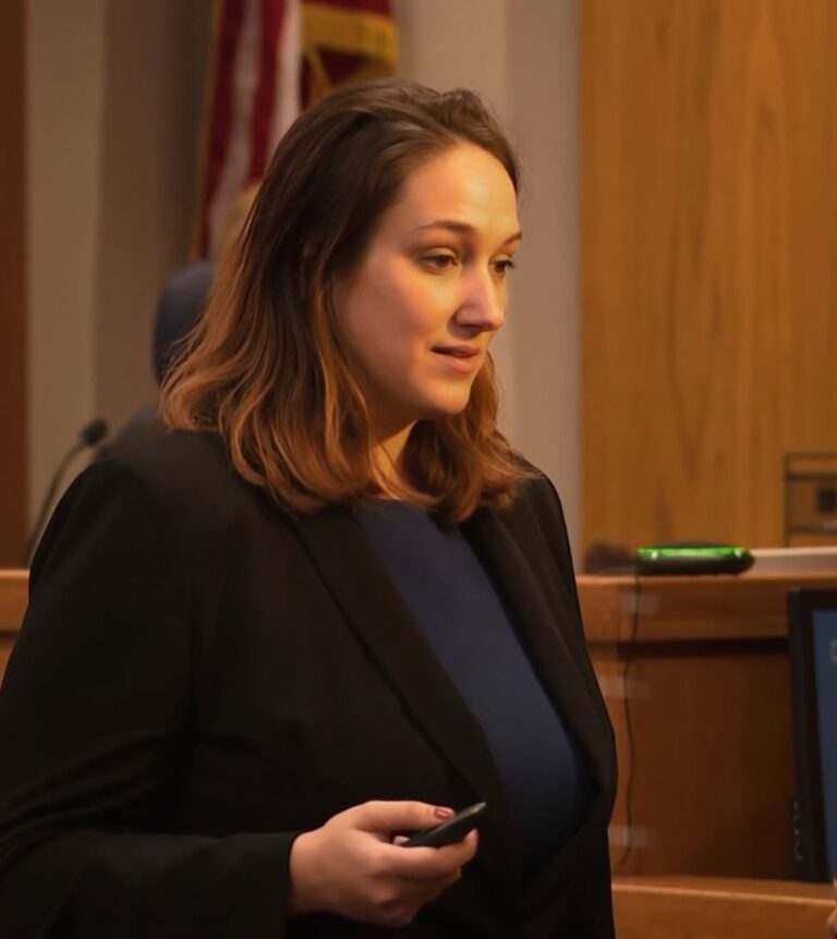 Attorney Angelica Cogliano addressing the court during a murder trial