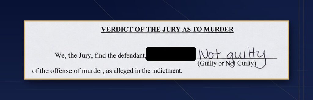 Travis County jury verdict form: not guilty of murder, client represented by CMK Defense, PLLC