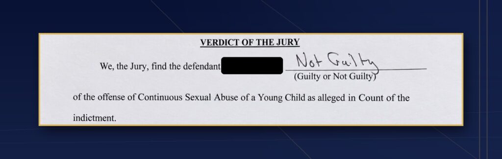 Jury verdict form: not guilty of continuous sexual abuse of a young child, client represented by CMK Defense, PLLC