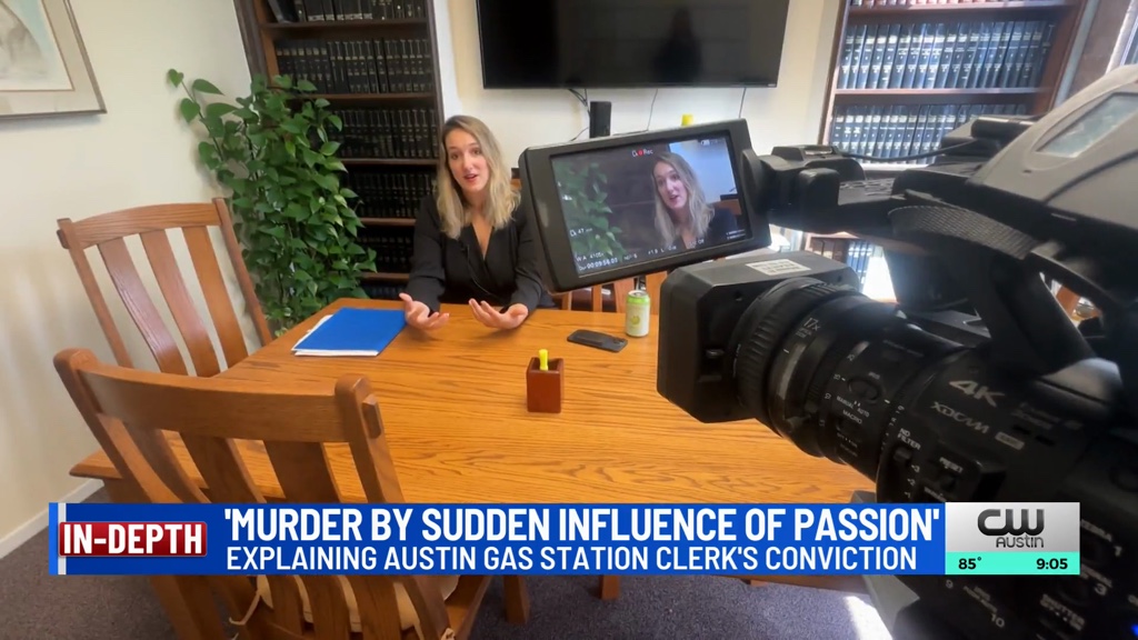 KXAN In-Depth segment on a sudden passion murder verdict, with attorney Angelica Cogliano being interviewed