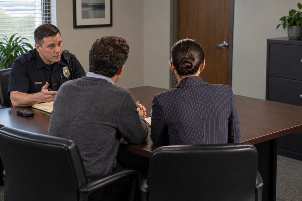 Man answering a police officer's questions with attorney Deniz Kadirhan beside him