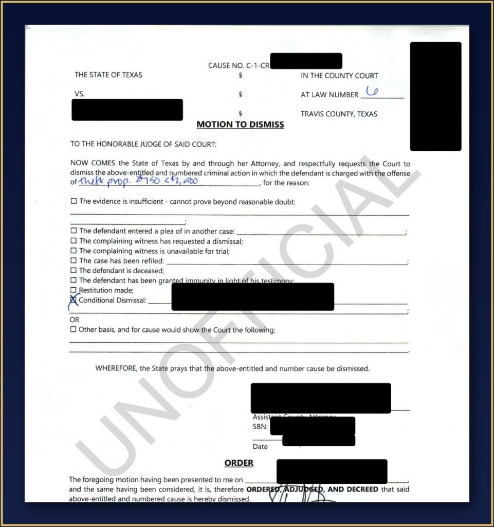 Travis County motion and order dismissing a theft charge as a conditional dismissal, client represented by CMK Defense, PLLC